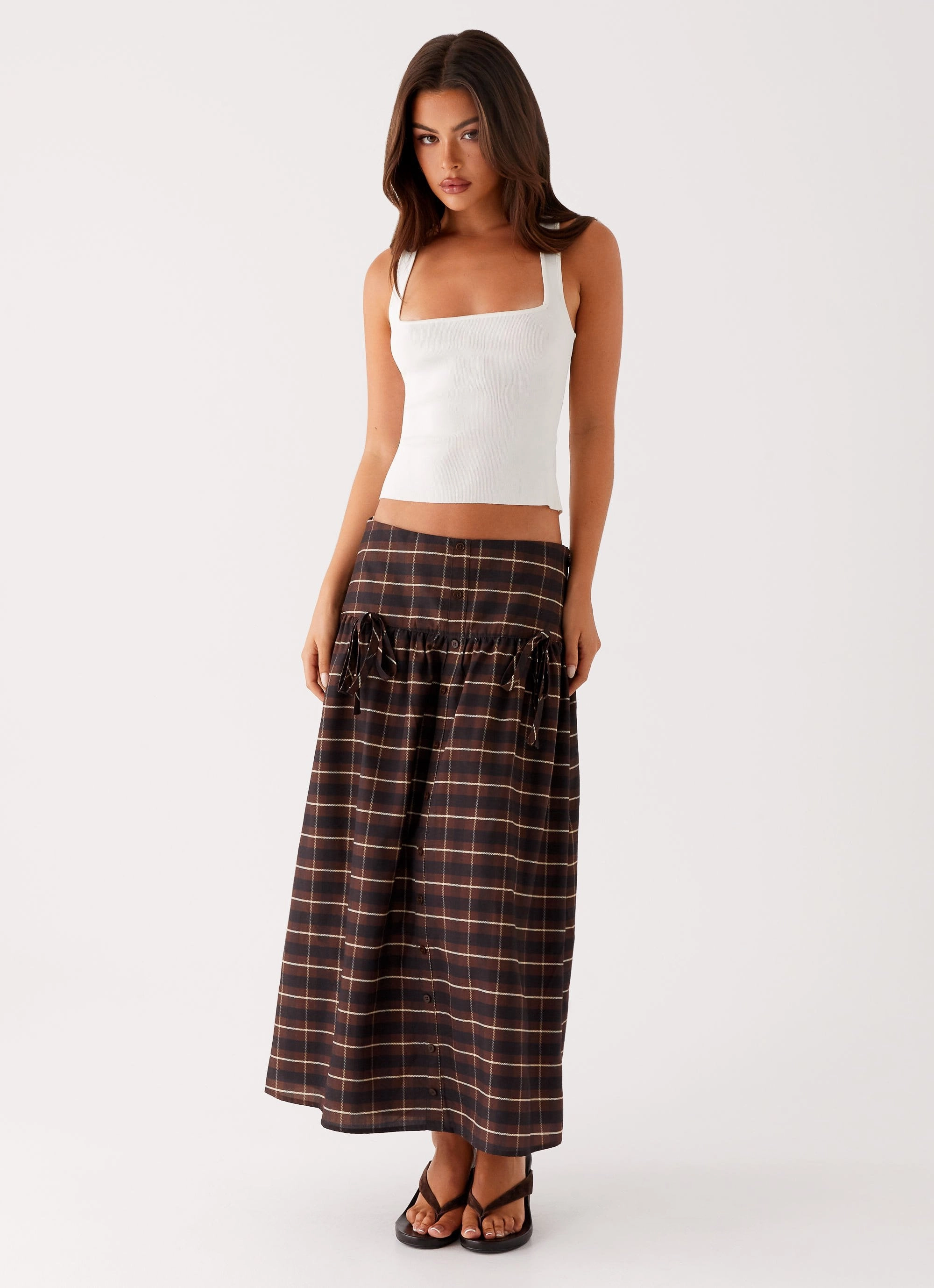 Denim finish Durable Comfort Quiet Places Midi Skirt - Chocolate Check