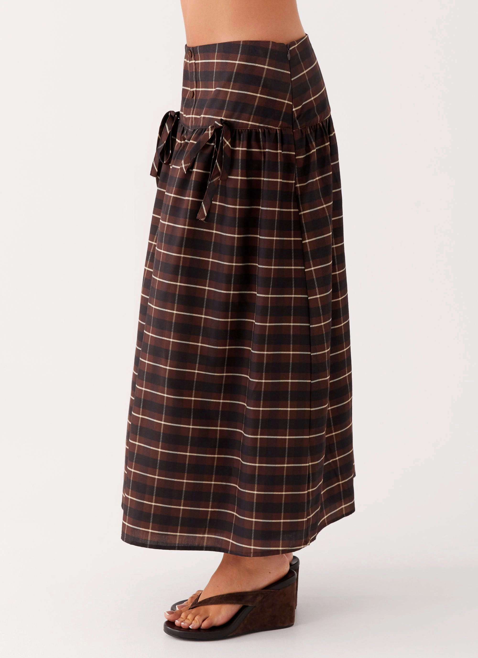 Quiet Places Midi Skirt - Chocolate Check Softened Hem simple design