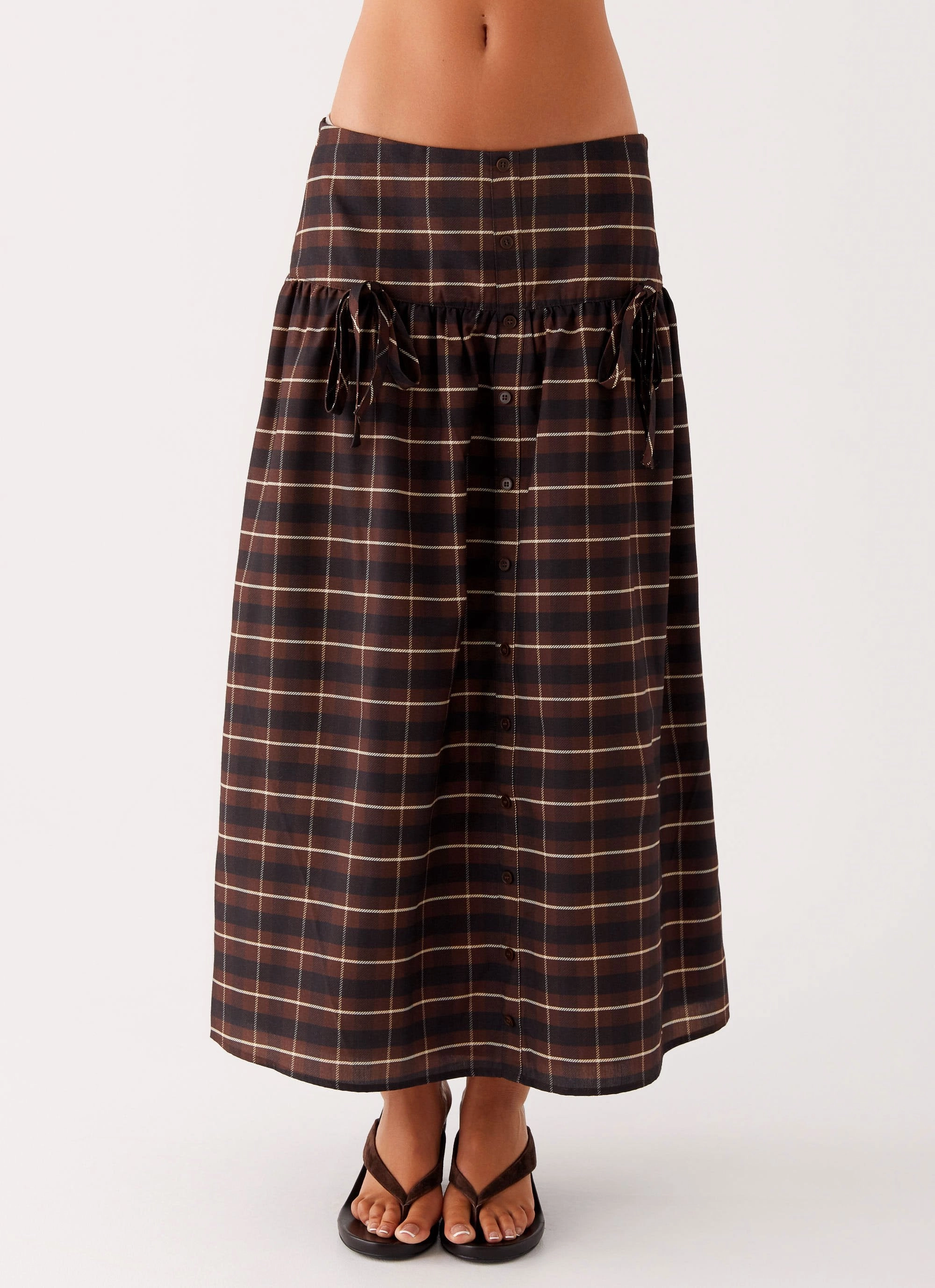 high waisted Quiet Places Midi Skirt - Chocolate Check