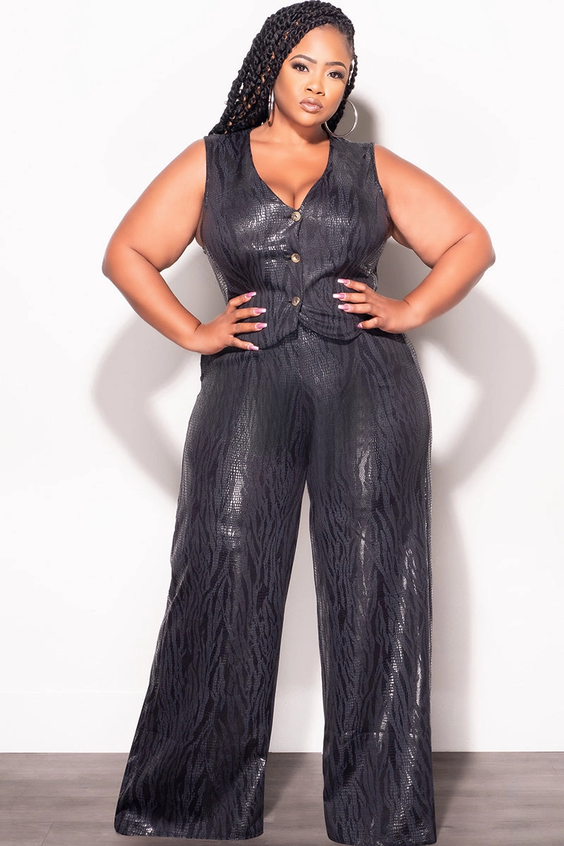 Final Sale Plus Size 2pc Sleeveless Blazer Vest and Pants Set in Black Snake Print TearResistantPanels