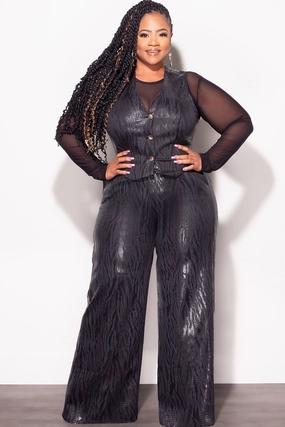 Final Sale Plus Size 2pc Sleeveless Blazer Vest and Pants Set in Black Snake Print Breathable Waist