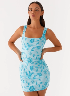 Starlina Square Neck Beaded Mini Dress - Blue Silky Finish Multipurpose