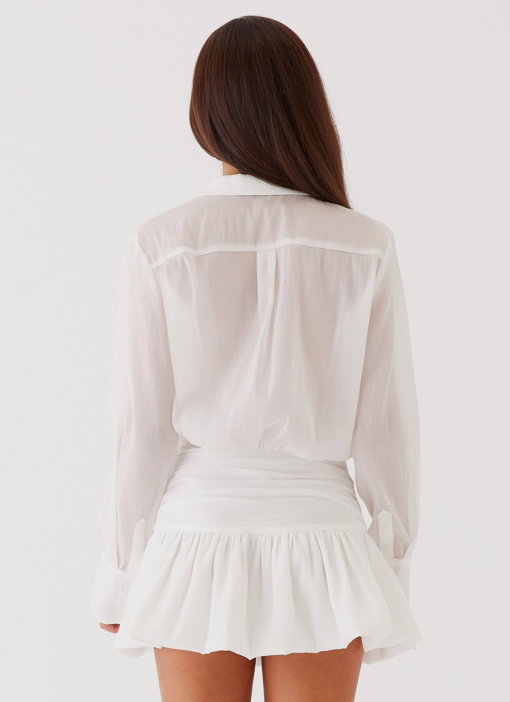 Rae Long Sleeve Shirt Dress - White Lightweight-Lining