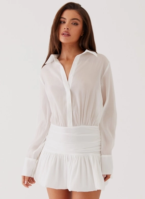 Japan Cool Rae Long Sleeve Shirt Dress - White