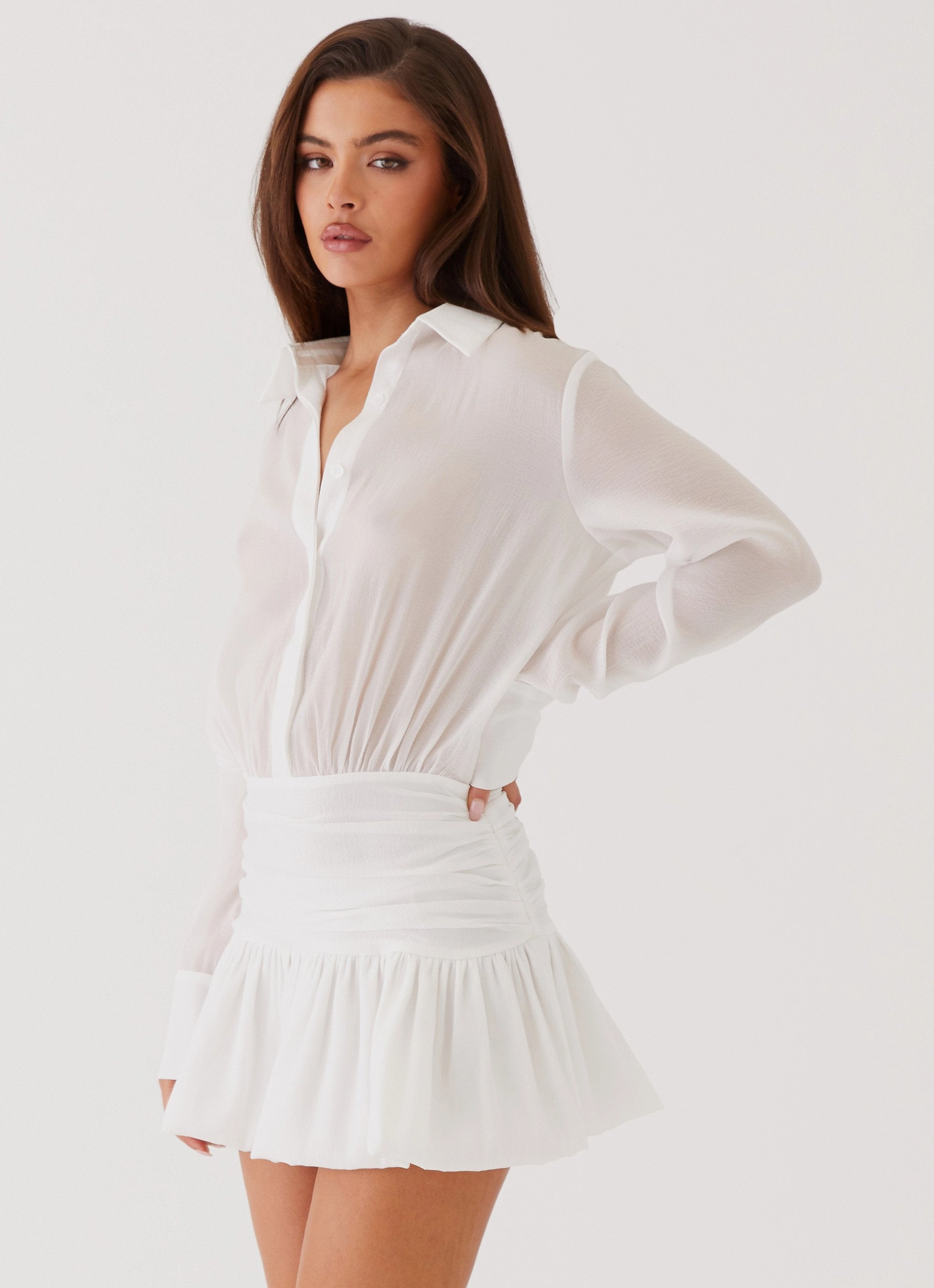 Rae Long Sleeve Shirt Dress - White Polished Wear Effortless Waist Design