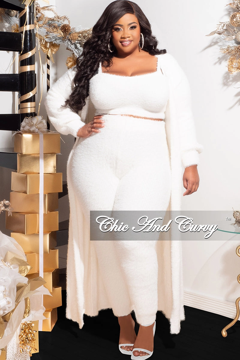 Final Sale Plus Size 3pc Fuzzy (Duster, Sleeveless Crop Top & Pants) Set in Ivory Sleek Comfort