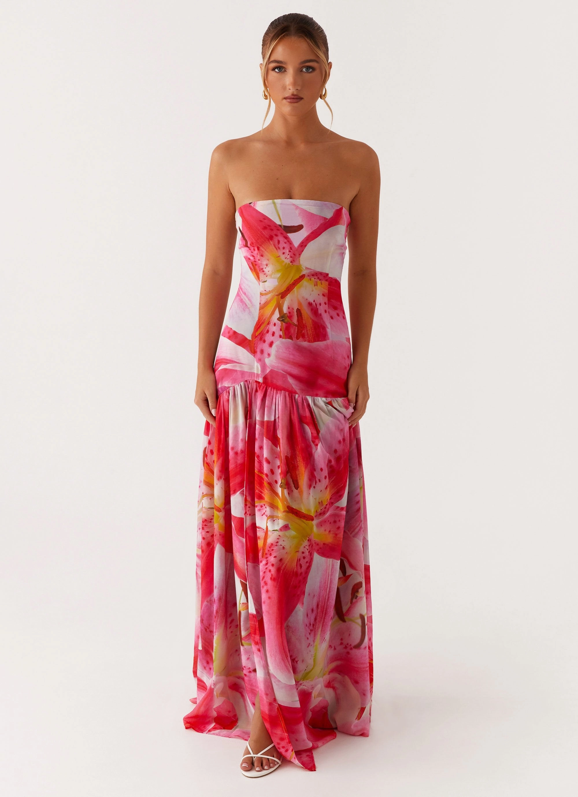 Eden Strapless Maxi Dress - White Pink Lilly TearResistantFabric