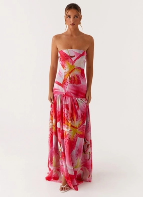 Eden Strapless Maxi Dress - White Pink Lilly TearResistantFabric