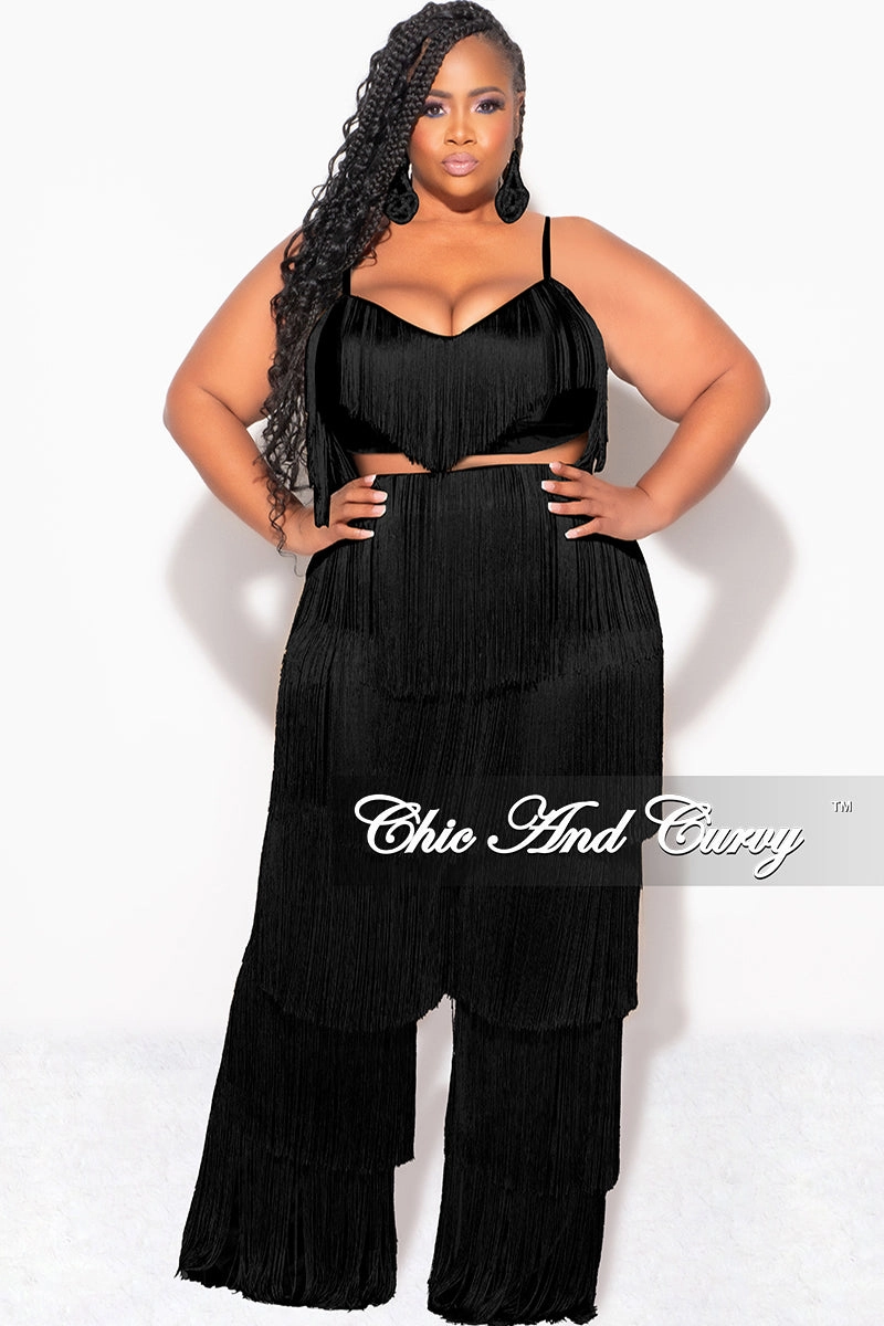 Final Sale Plus Size 2pc Fringe Layered Bra Top and Pants Set In Black Flex Wear Design