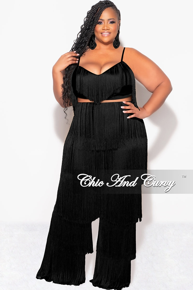 Final Sale Plus Size 2pc Fringe Layered Bra Top and Pants Set In Black Core Basic