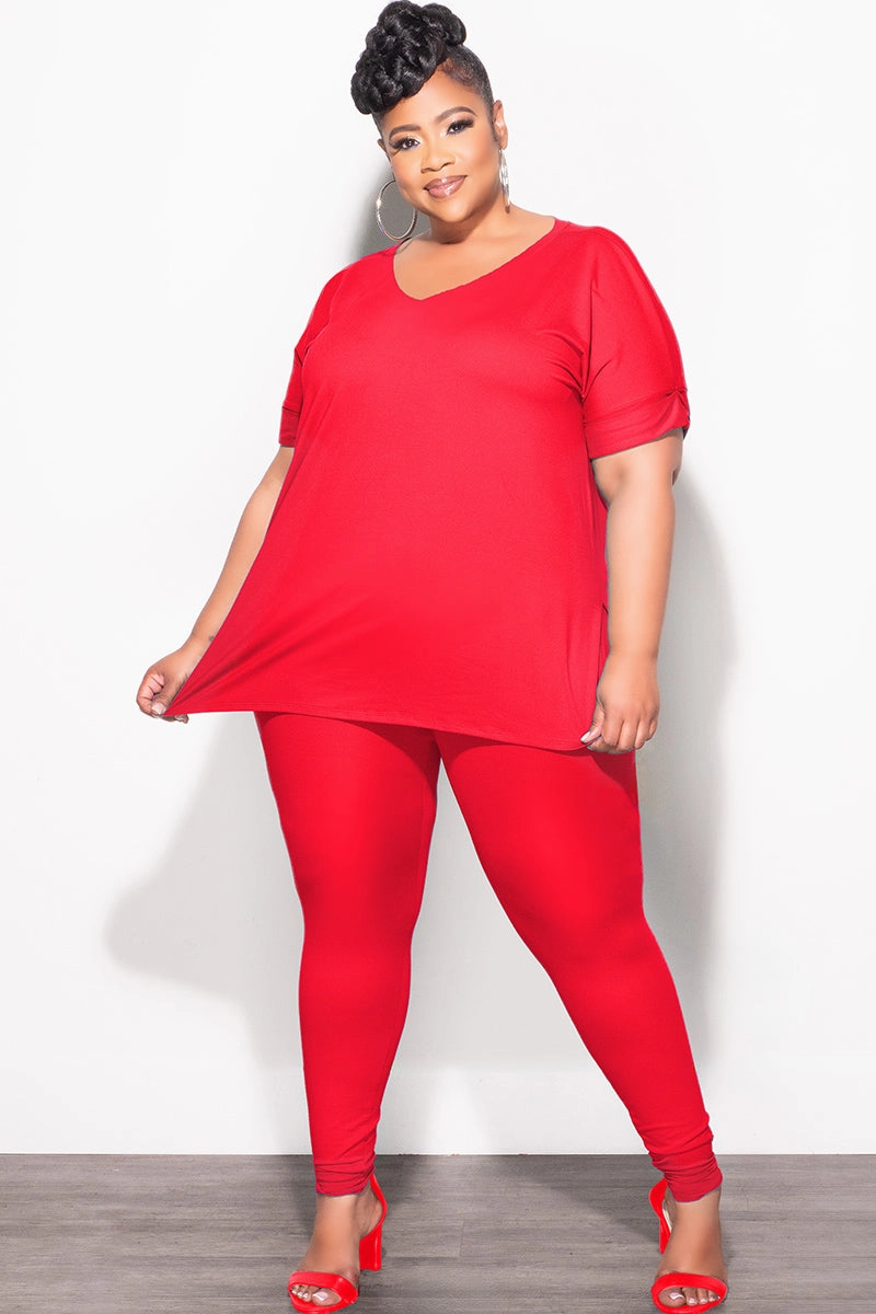 Final Sale Plus Size 2pc V-Neck Tunic Top and Matching Legging Set in Red Travel Ready Fit
