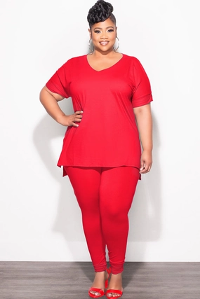Final Sale Plus Size 2pc V-Neck Tunic Top and Matching Legging Set in Red Comfy Vibes