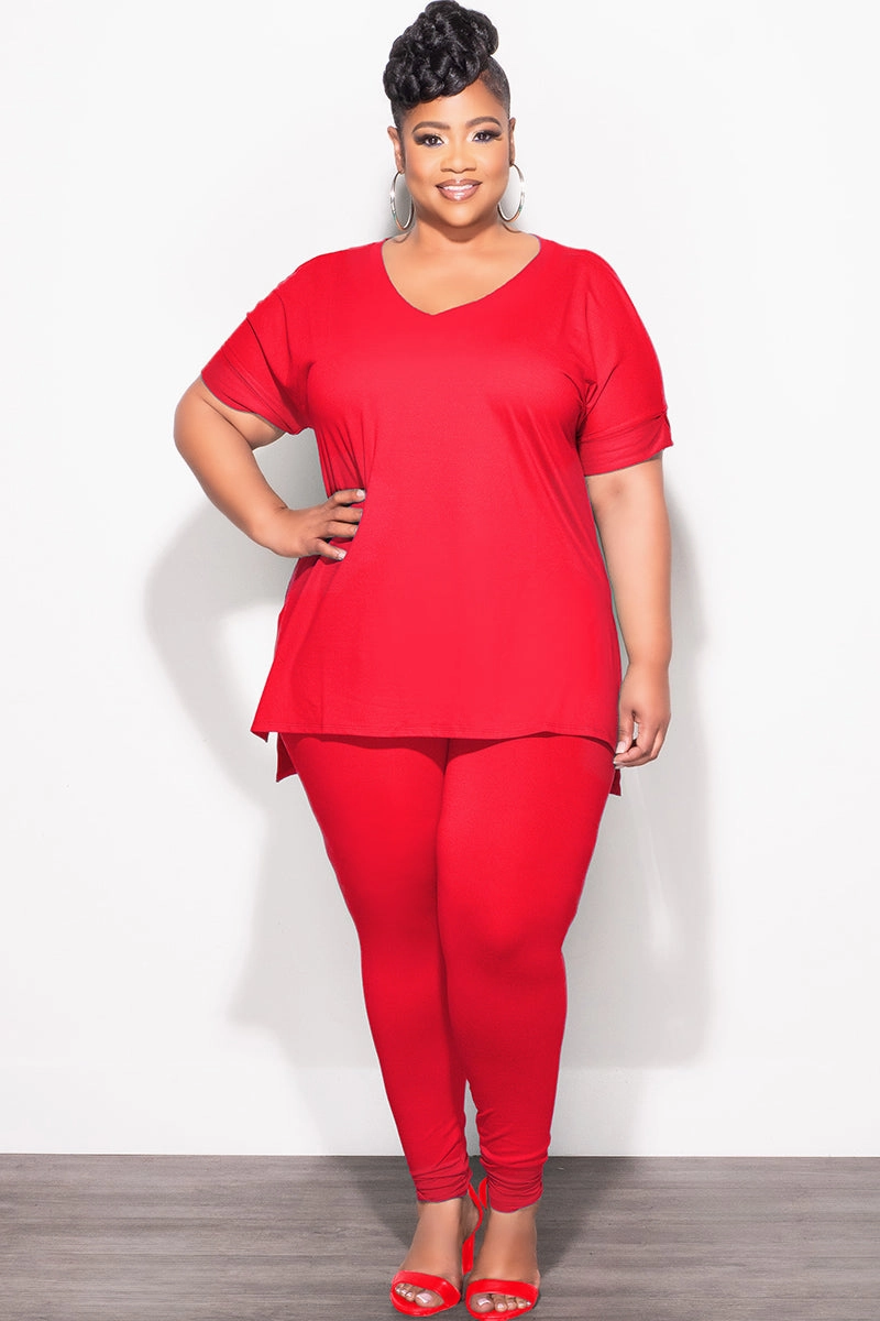 Final Sale Plus Size 2pc V-Neck Tunic Top and Matching Legging Set in Red Comfy Vibes