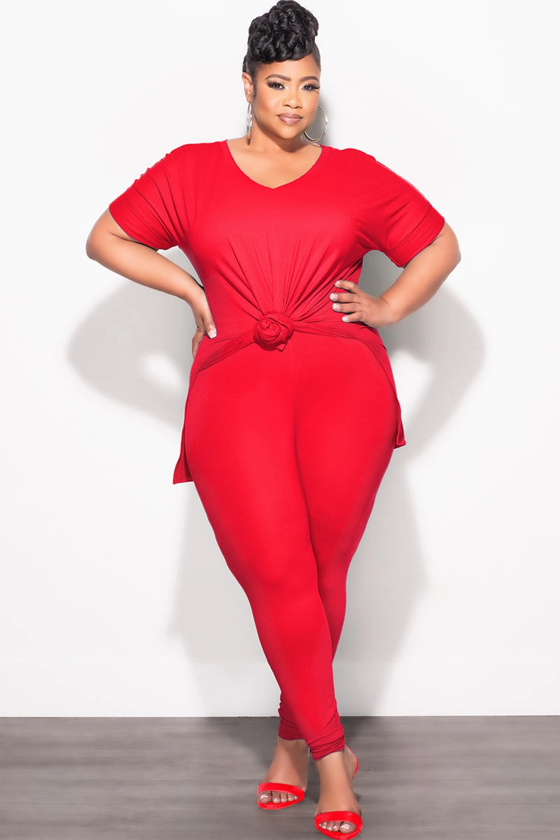 Flexible Motion Final Sale Plus Size 2pc V-Neck Tunic Top and Matching Legging Set in Red