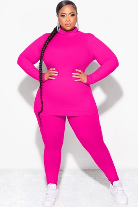 Core Style Double Stitched Seams Final Sale Plus Size 2pc Set Turtleneck & Legging in Fuchsia Pink