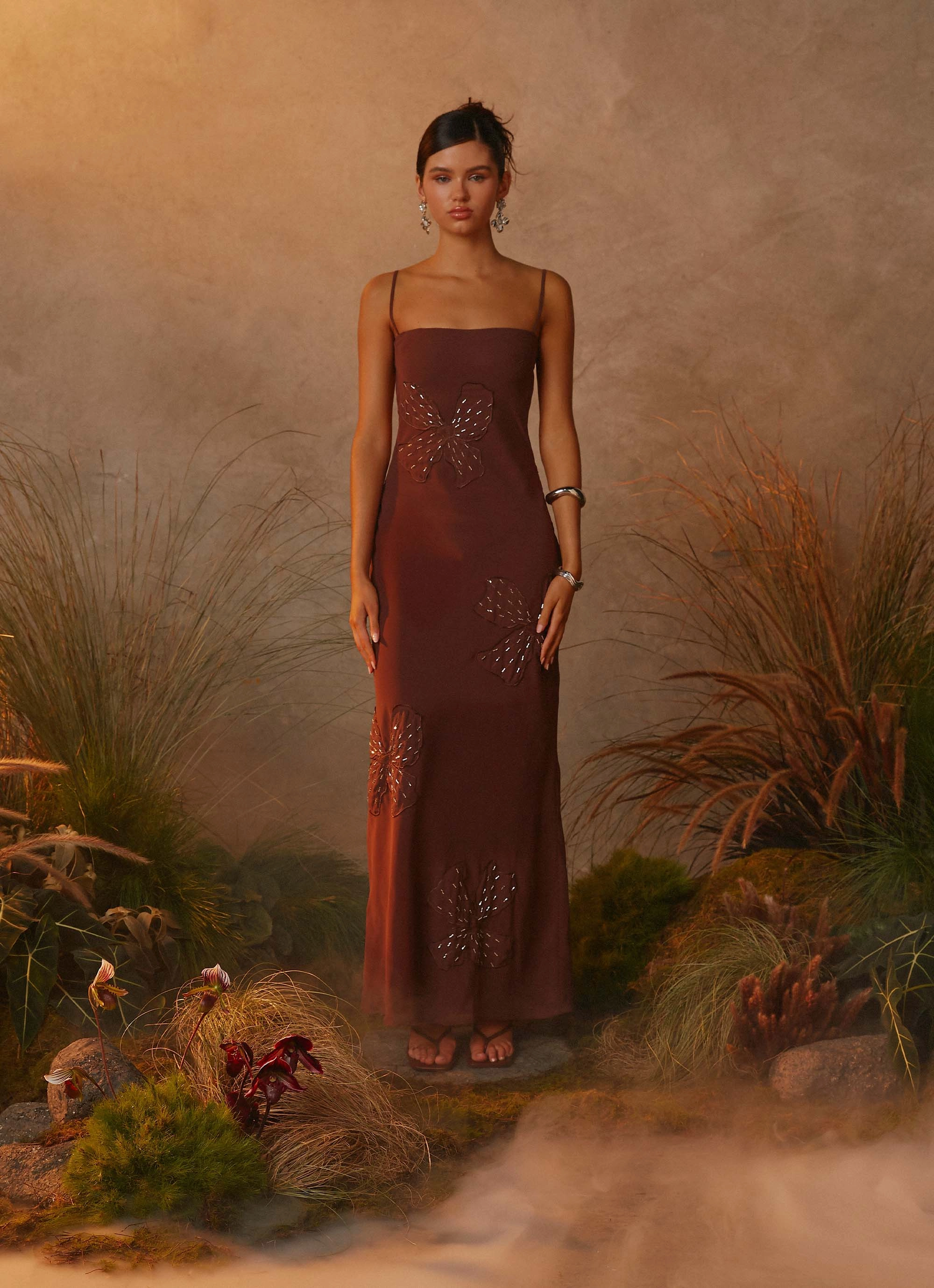 Bayla Beaded Flower Maxi Dress - Chocolate Flattering Waistband Fit Daily Essential