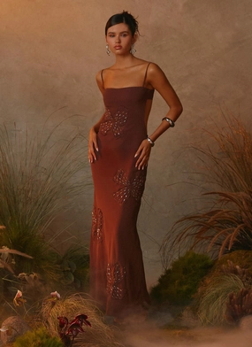 Versatile Comfort Daily Wear Bayla Beaded Flower Maxi Dress - Chocolate
