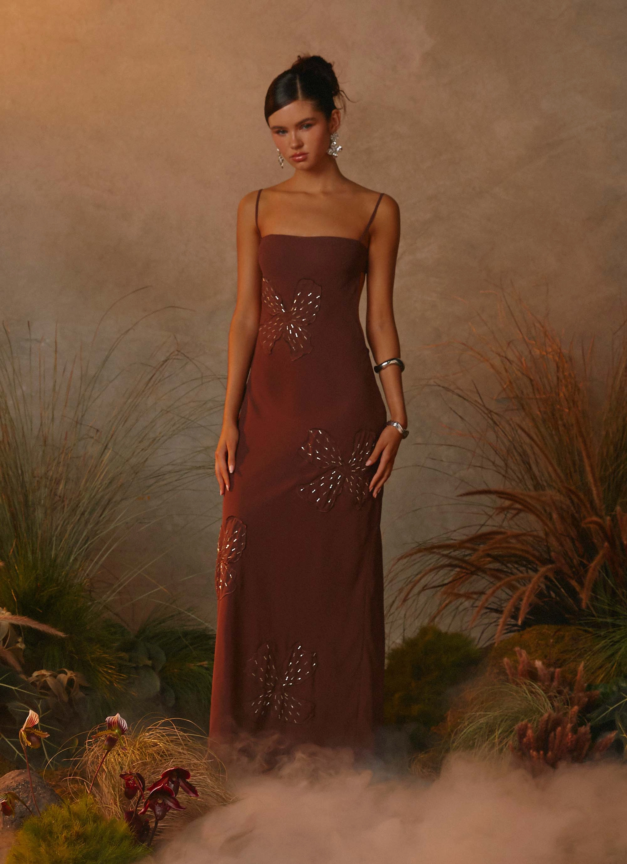 Bayla Beaded Flower Maxi Dress - Chocolate Work Appropriate Grace Walk