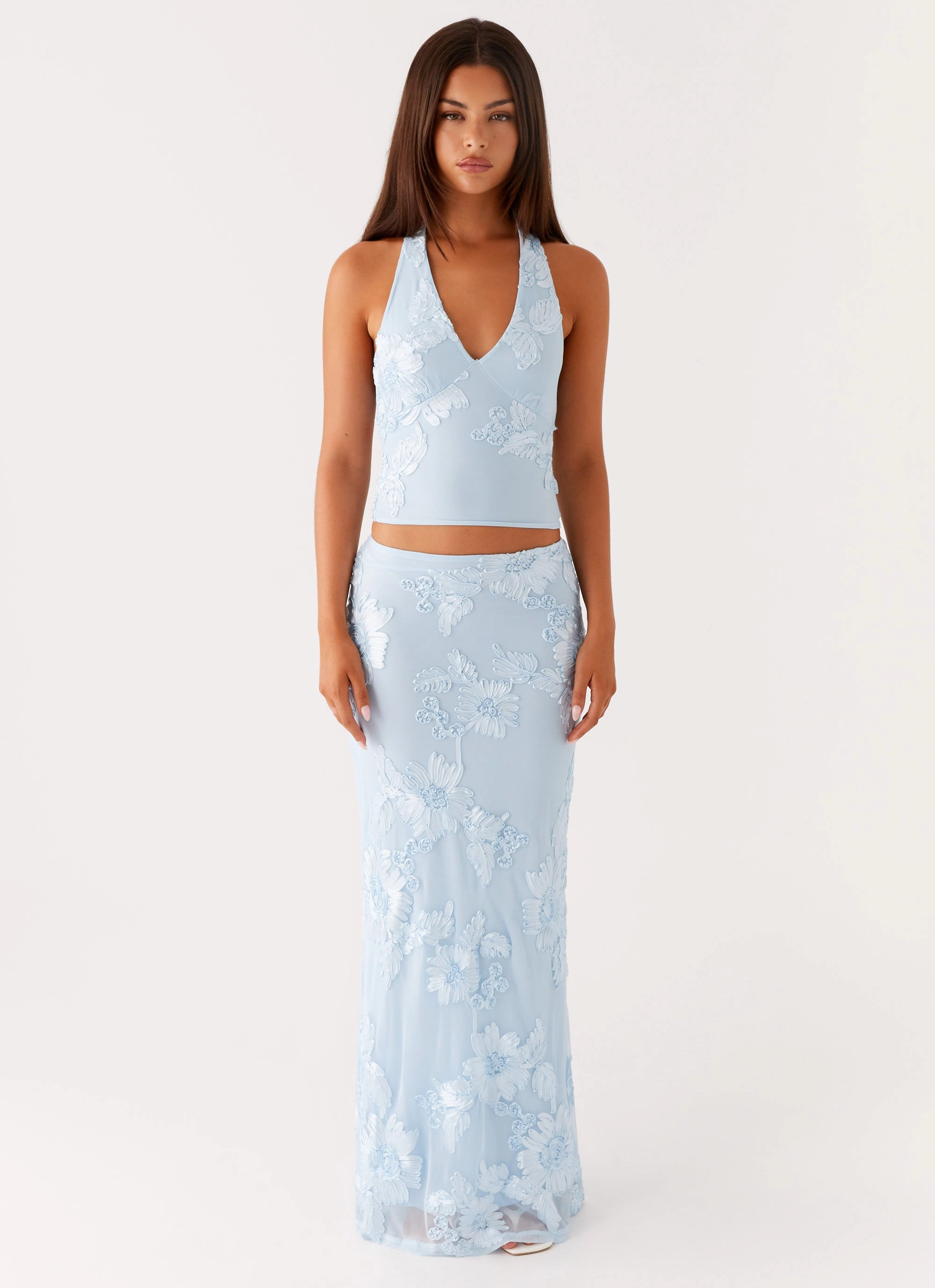 Soft Touch Texture Radiate Halterneck Top - Blue