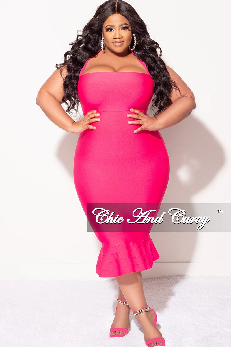 Stylish Hoodie Final Sale Plus Size Halter Bandage Dress with Ruffle Bottom in Fuchsia