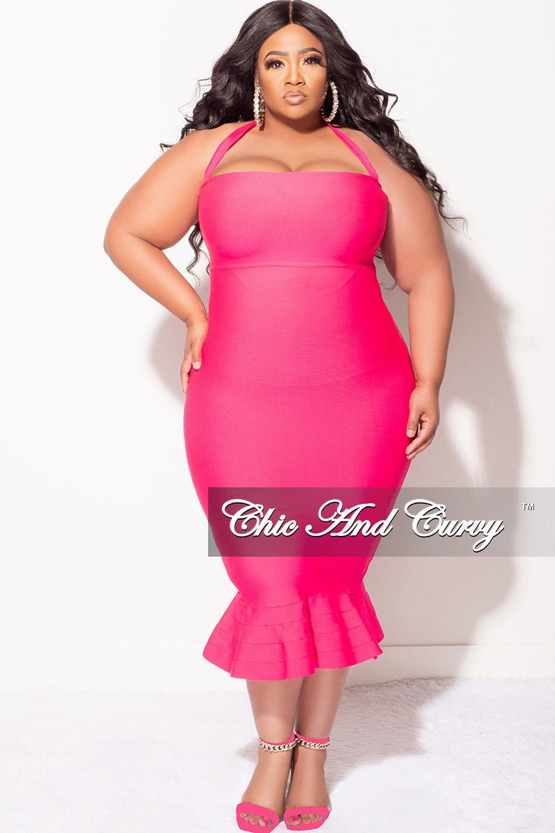 Final Sale Plus Size Halter Bandage Dress with Ruffle Bottom in Fuchsia QuickDryConstruction Eco Conscious Packaging