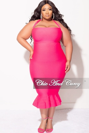 Final Sale Plus Size Halter Bandage Dress with Ruffle Bottom in Fuchsia QuickDryConstruction Eco Conscious Packaging