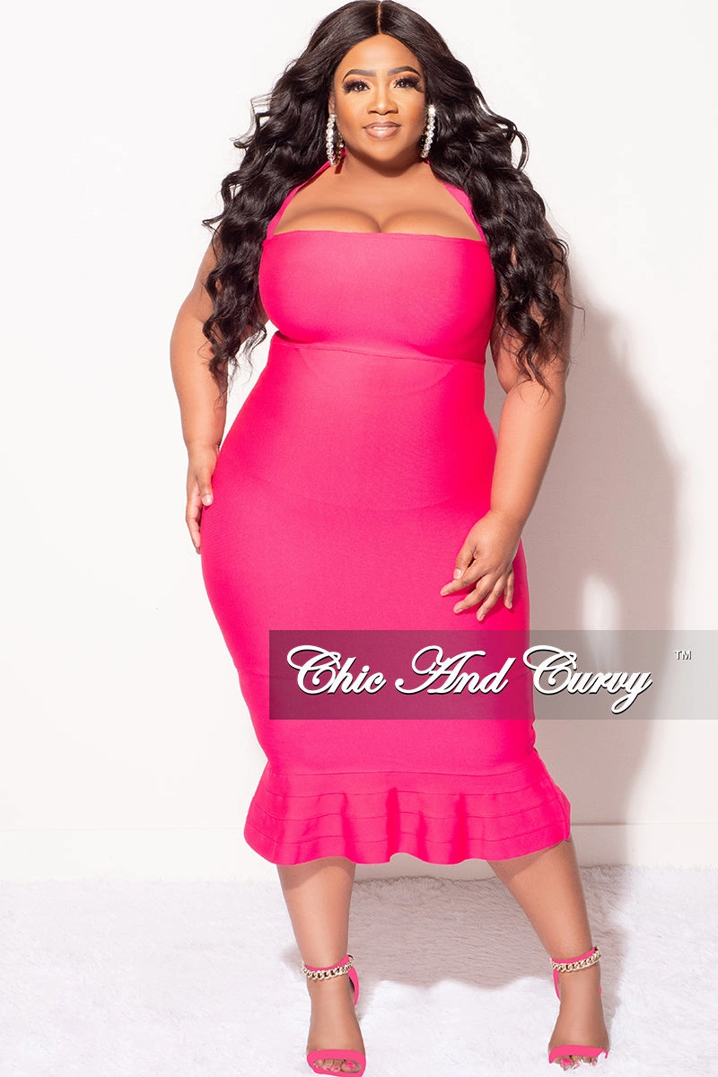 TearResistant UVProtectionCoating Final Sale Plus Size Halter Bandage Dress with Ruffle Bottom in Fuchsia