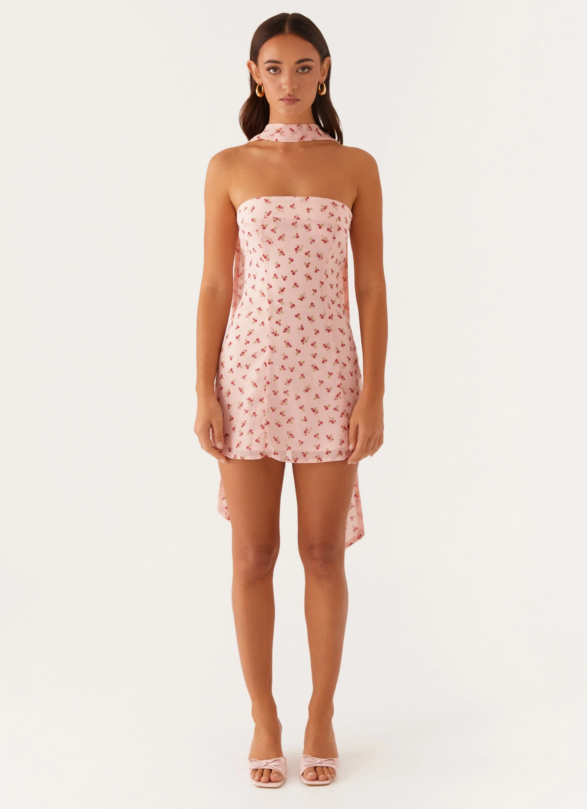 Blush Shade Cap-Sleeve Kiesha Strapless Scarf Mini Dress - Pink Flower