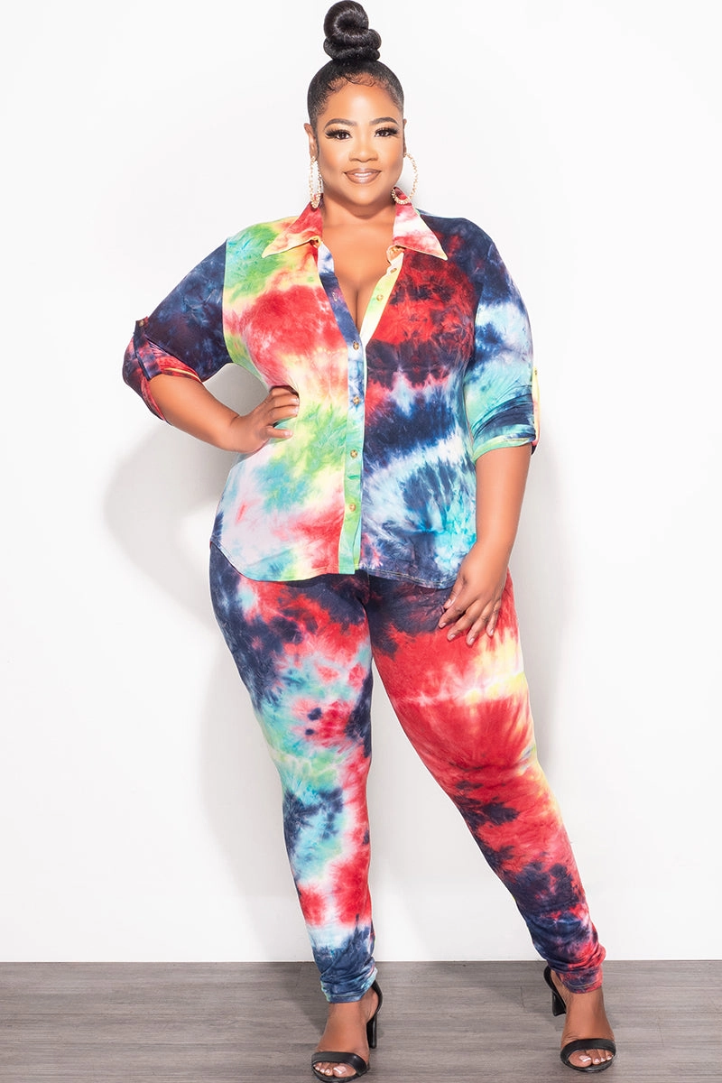 Final Sale Plus Size 2-Piece Button Up Collar Top and Pants Set in Multi Color Tie Dye Print Flattering Cut Slim Profile