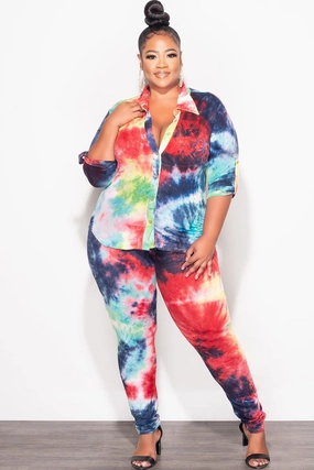 Final Sale Plus Size 2-Piece Button Up Collar Top and Pants Set in Multi Color Tie Dye Print Chic Appeal No Ride Up Design