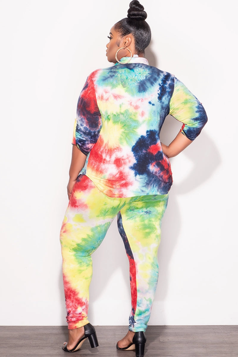 Final Sale Plus Size 2-Piece Button Up Collar Top and Pants Set in Multi Color Tie Dye Print Smooth Fit Lining sport chic