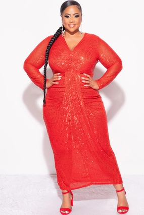 YarnBlend HiddenVentilationPockets Final Sale Plus Size Sequin Bodycon Dress in Red