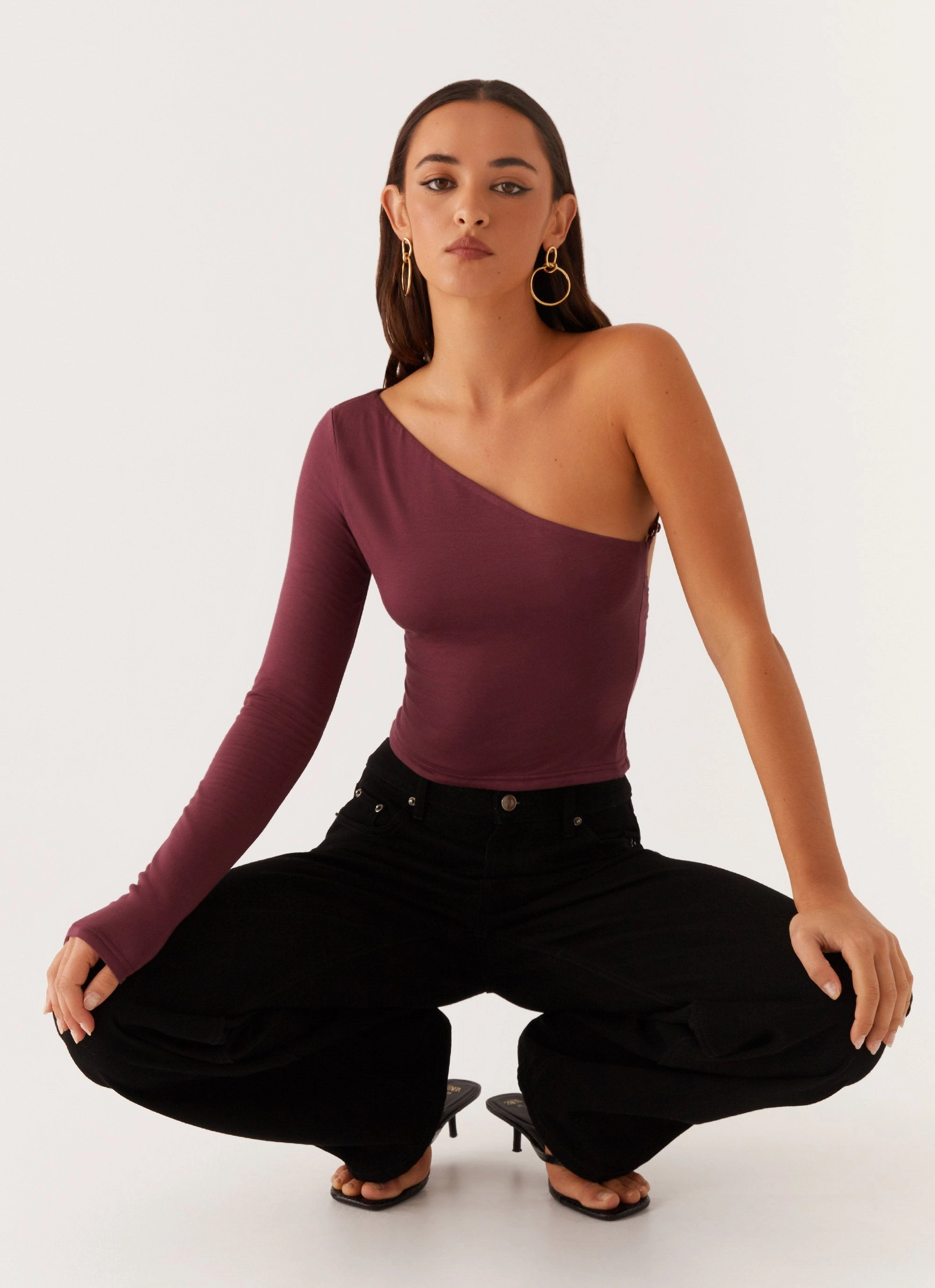 Hawkins Open Back One Shoulder Top - Mulberry Seamless Construction Design Non Restrictive Armhole Cut
