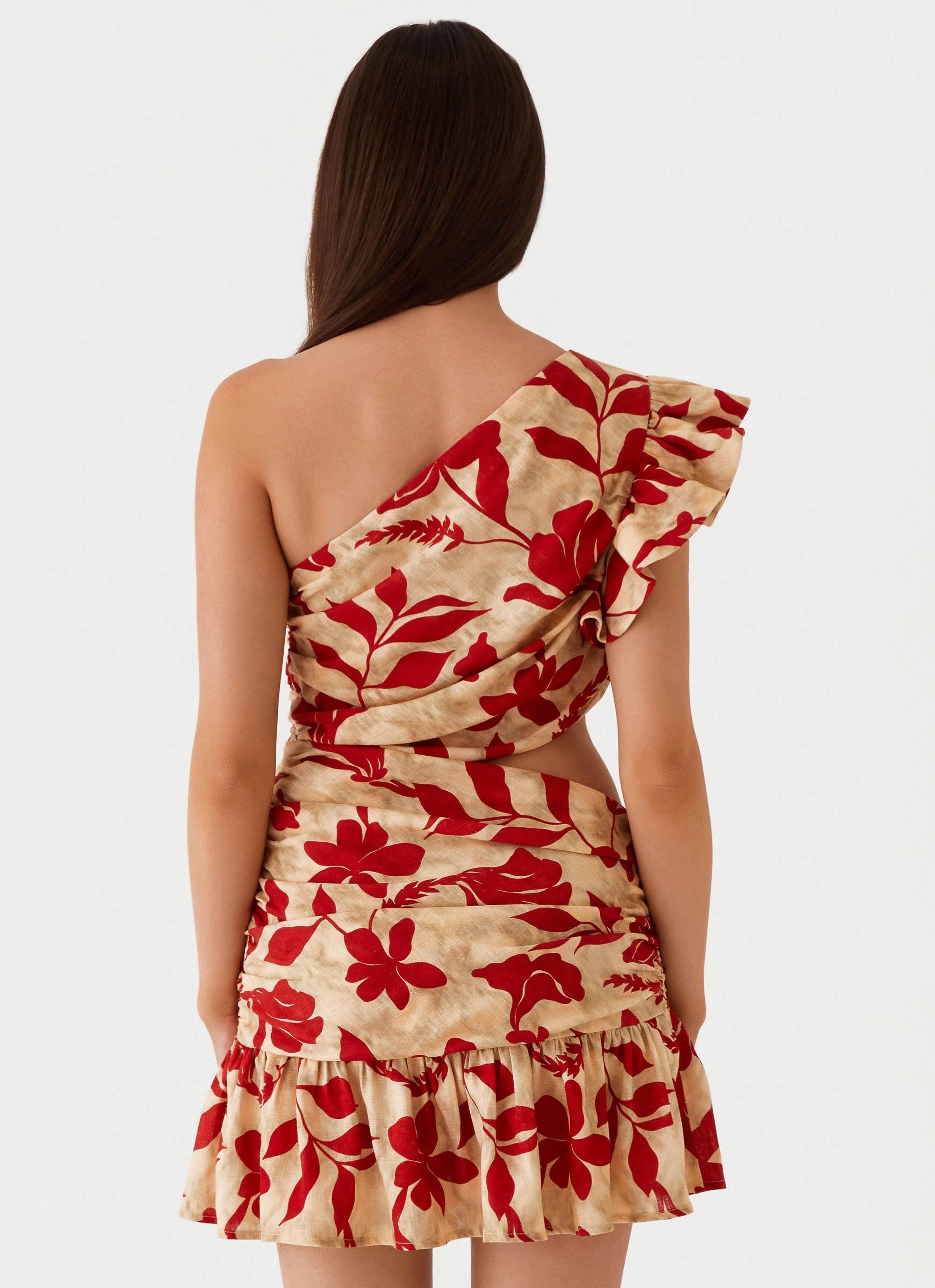 Maisie Linen Mini Dress - Red Green Floral Relax Cut