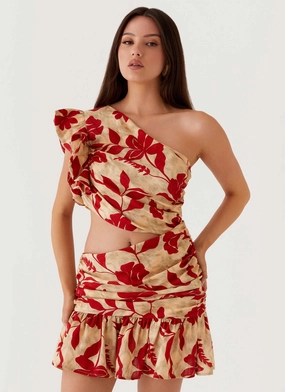 Maisie Linen Mini Dress - Red Green Floral Mood Comfort