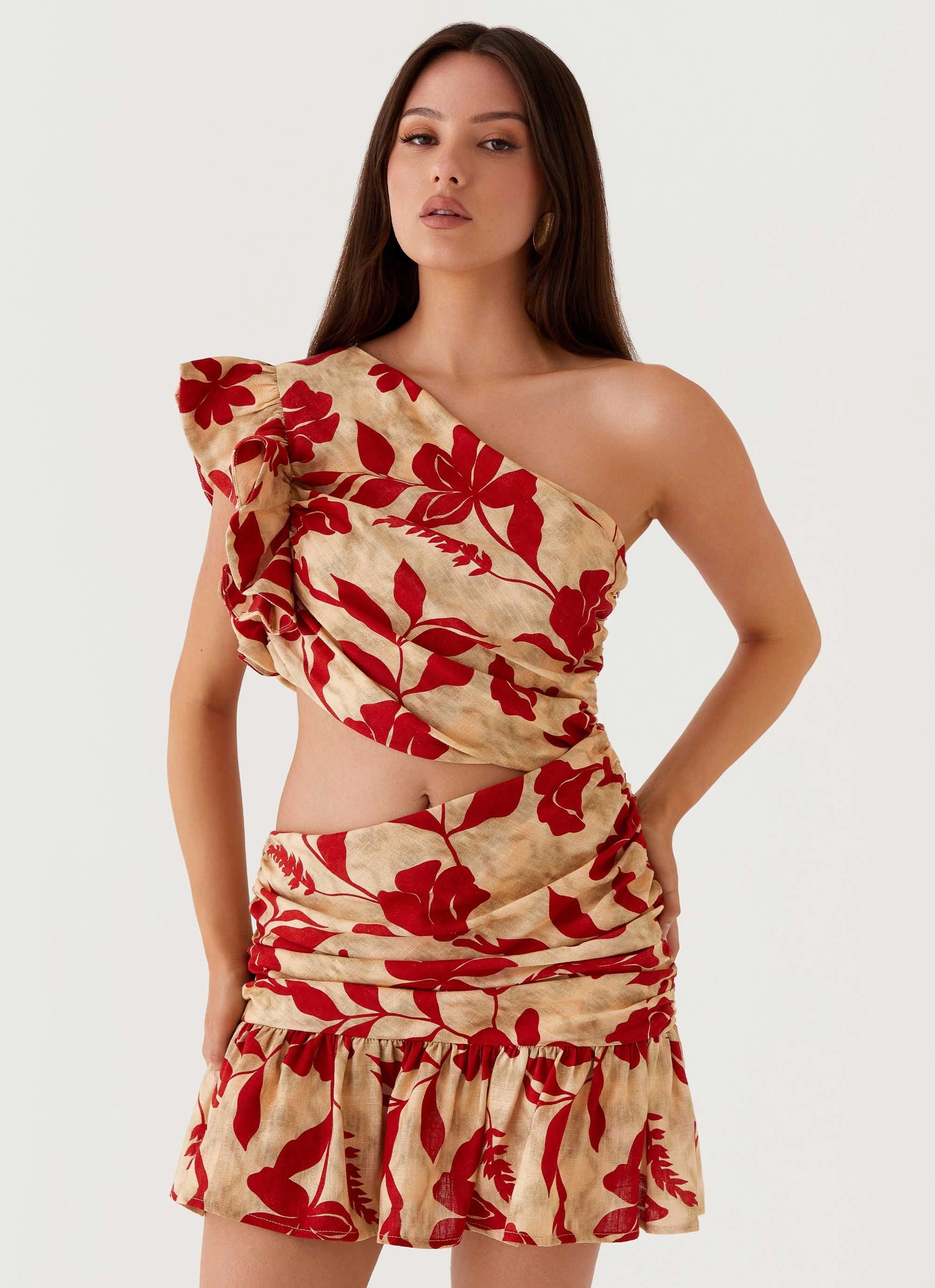 Maisie Linen Mini Dress - Red Green Floral Mood Comfort