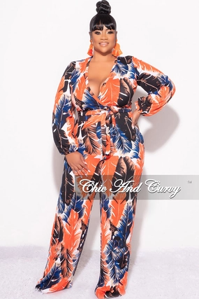 Final Sale Plus Size 2-Piece Crop Top and Palazzo Pant Set in Rust & Navy Tropical Print Stain Release Finish EasyCareFabric