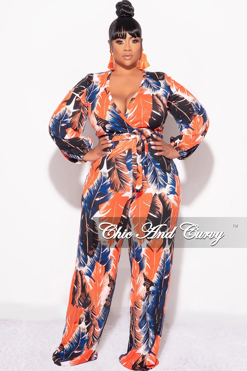 Cozy Casual Stretchy Waist Final Sale Plus Size 2-Piece Crop Top and Palazzo Pant Set in Rust & Navy Tropical Print