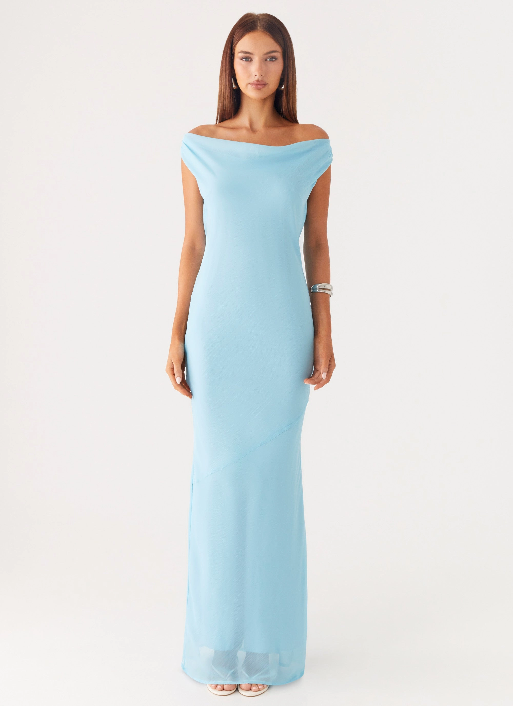 Sleek Waistband Glossy Fabric Brittany Chiffon Maxi Dress - Turquoise