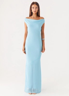 Sleek Waistband Glossy Fabric Brittany Chiffon Maxi Dress - Turquoise