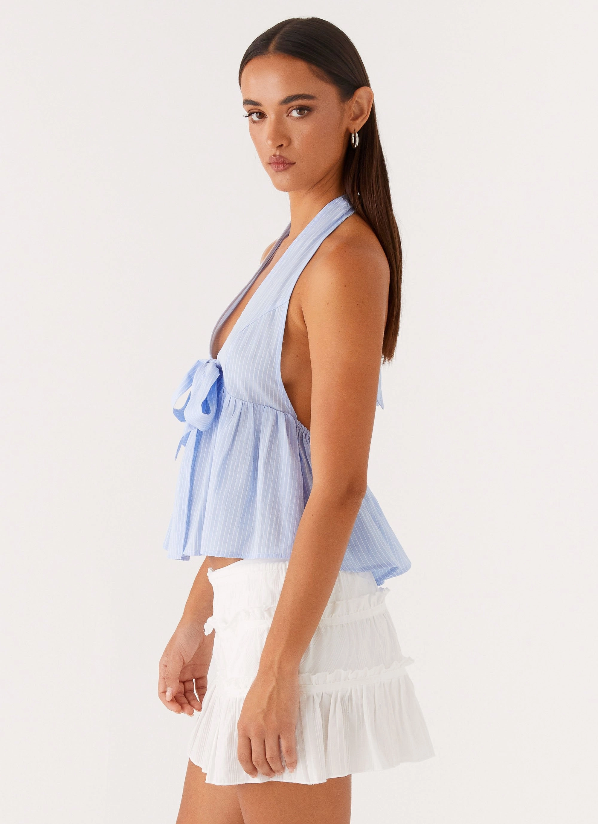 UltraSoft Lining LayeredNeckline On Repeat Halter Top - Blue Stripe
