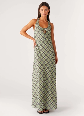 Linen-Blend Cafe Vibe Coralie Maxi Dress - Cedar Check