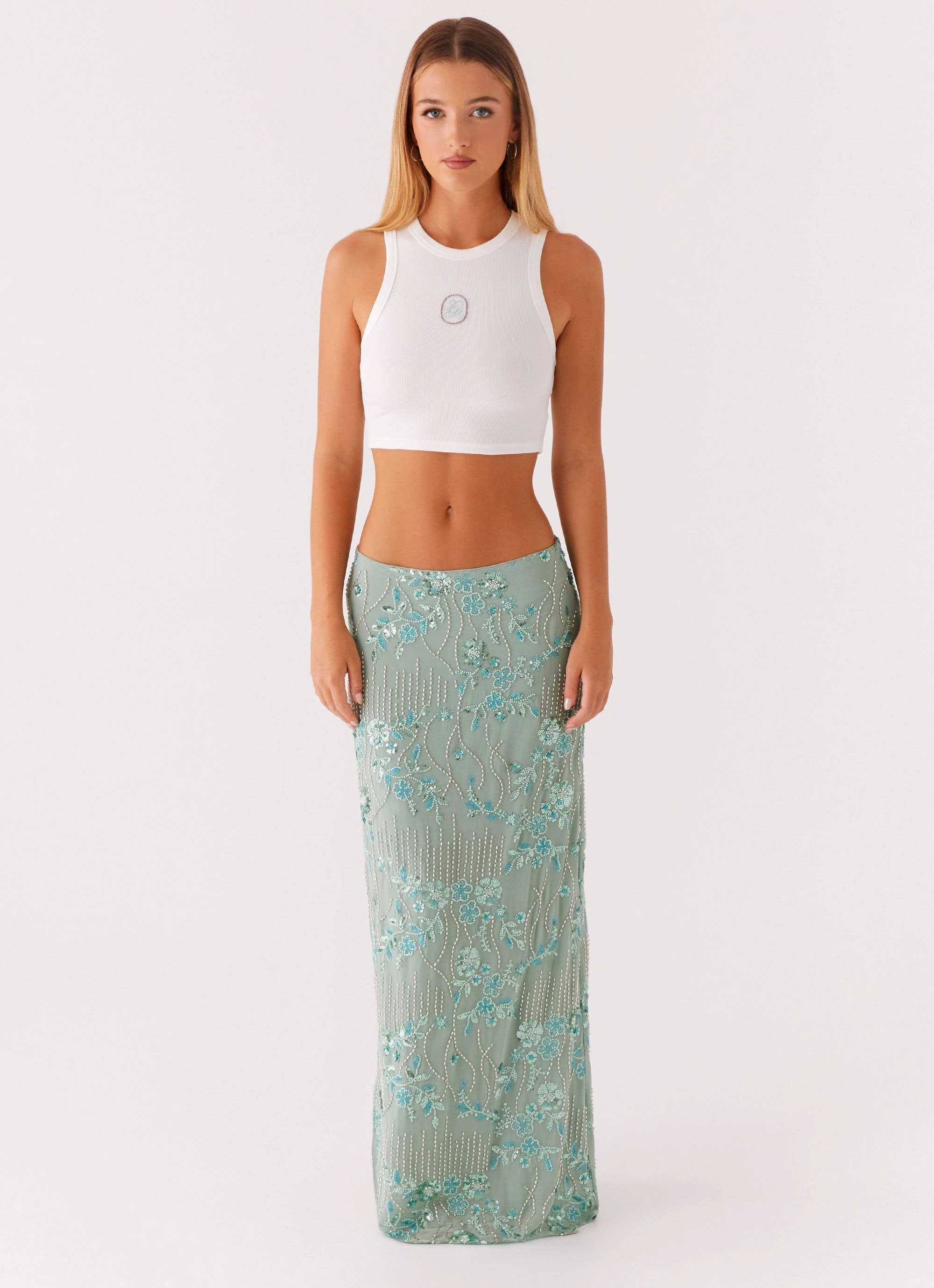 Corinna Low Rise Sequin Maxi Skirt - Mint FlexFoamPadding