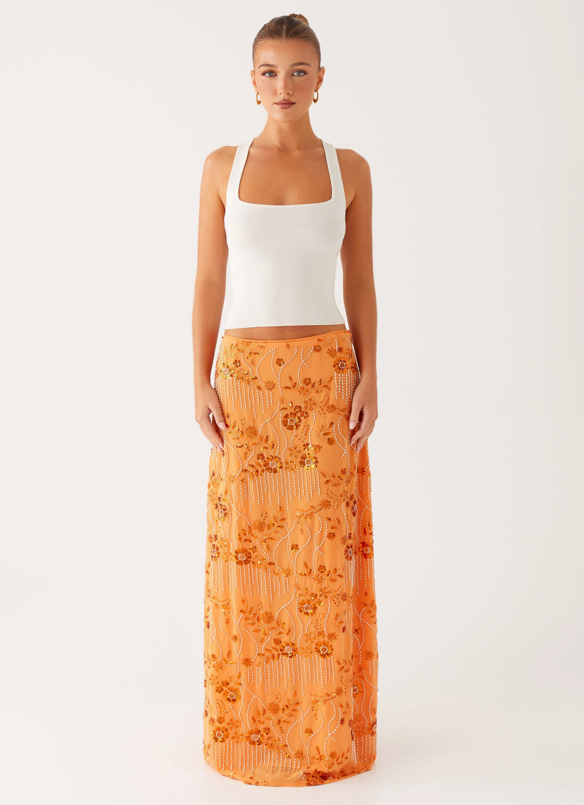 Cozy Comfort Corinna Low Rise Sequin Maxi Skirt - Orange