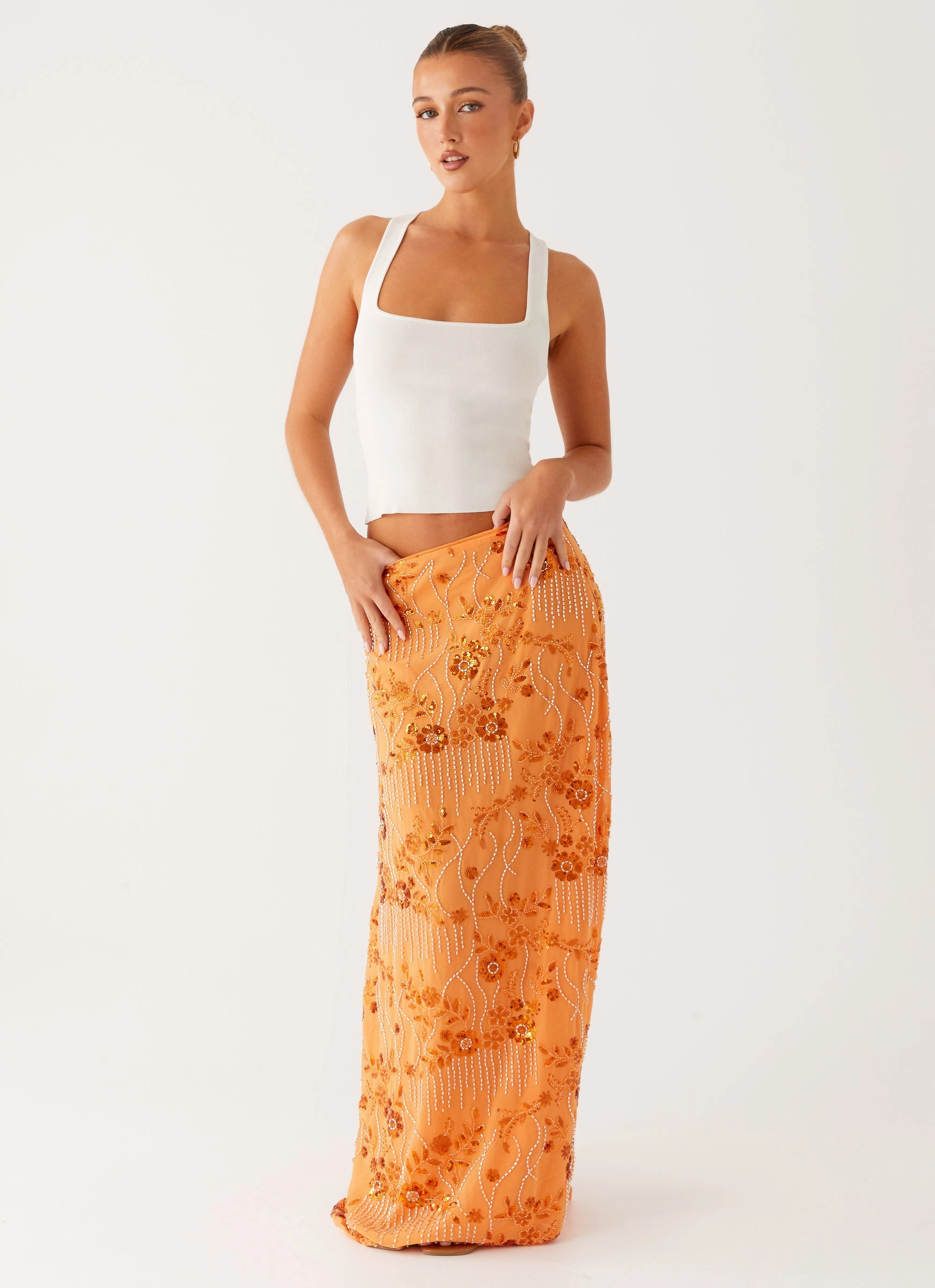 Corinna Low Rise Sequin Maxi Skirt - Orange Non Binding Waist Chilly Comfort