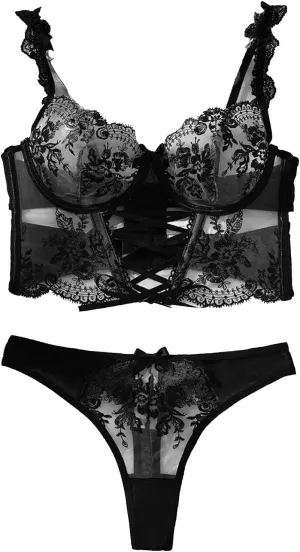 Corset Bra and Panty Sets for Women Floral Lace Push Up Underwire Lingerie Set Lace Up See Through Bralette Outfits