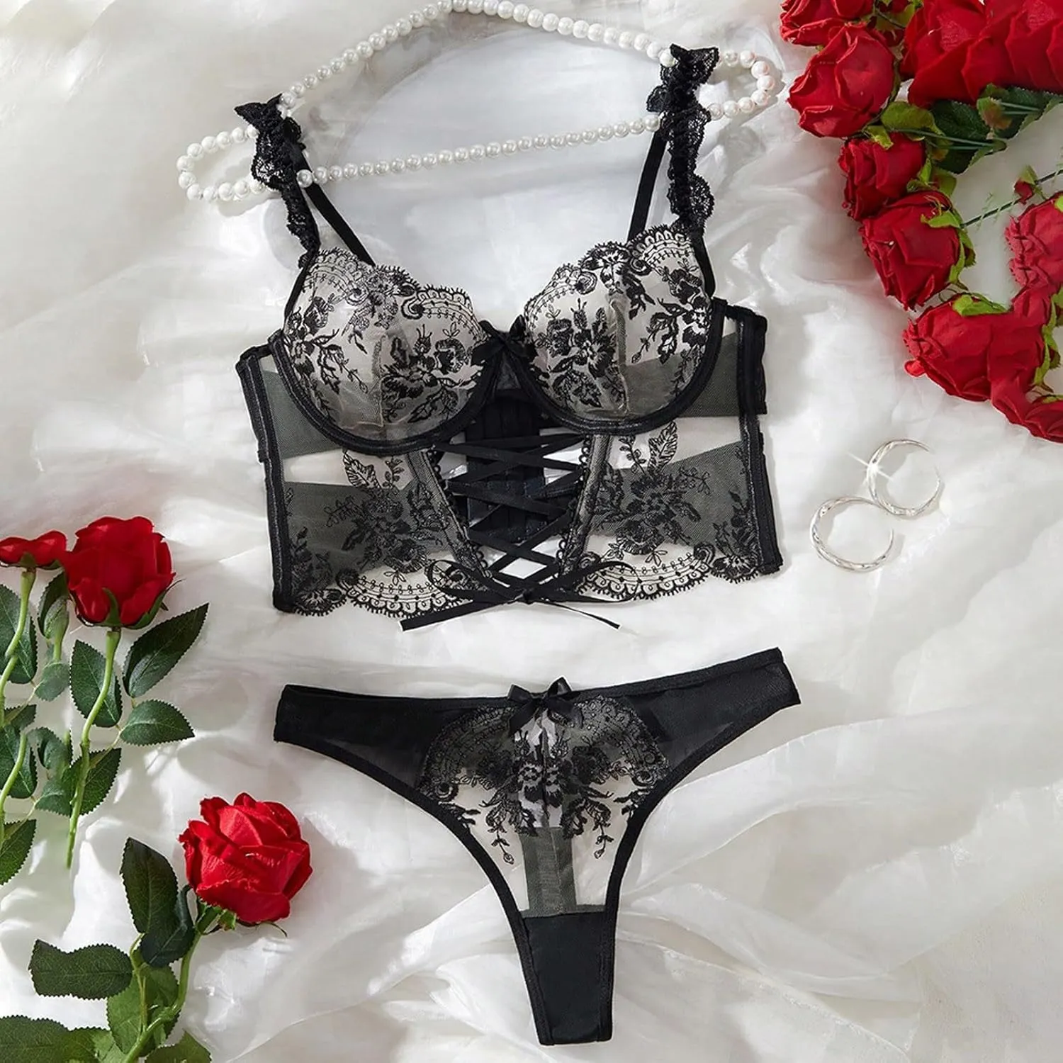 Corset Bra and Panty Sets for Women Floral Lace Push Up Underwire Lingerie Set Lace Up See Through Bralette Outfits