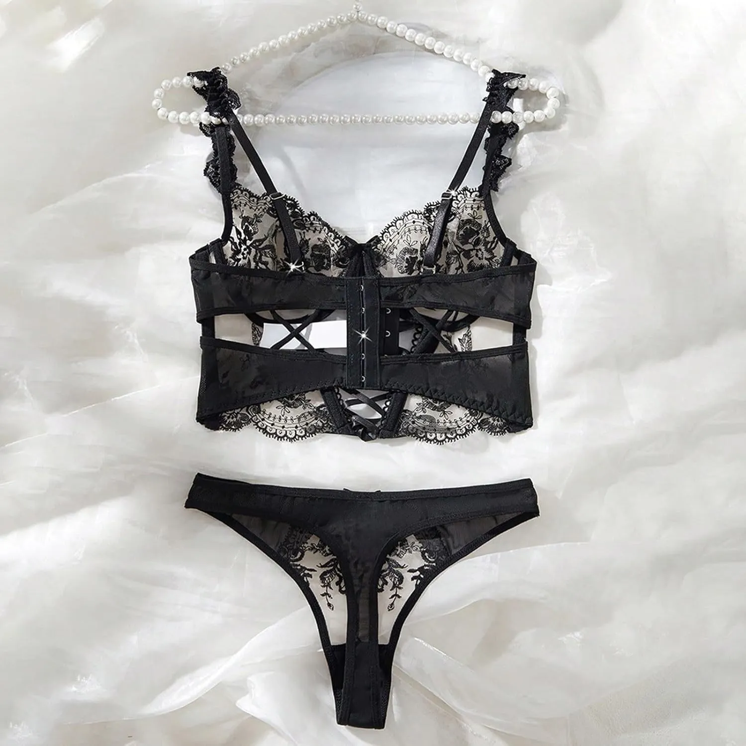 Corset Bra and Panty Sets for Women Floral Lace Push Up Underwire Lingerie Set Lace Up See Through Bralette Outfits