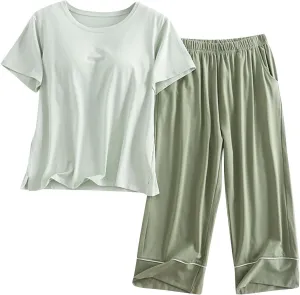 Cotton Pajama Sets for Women 2 Piece Soft Loungewear Built-in Bra Short Sleeve Crop Tops and Capri Pants Sleepwear