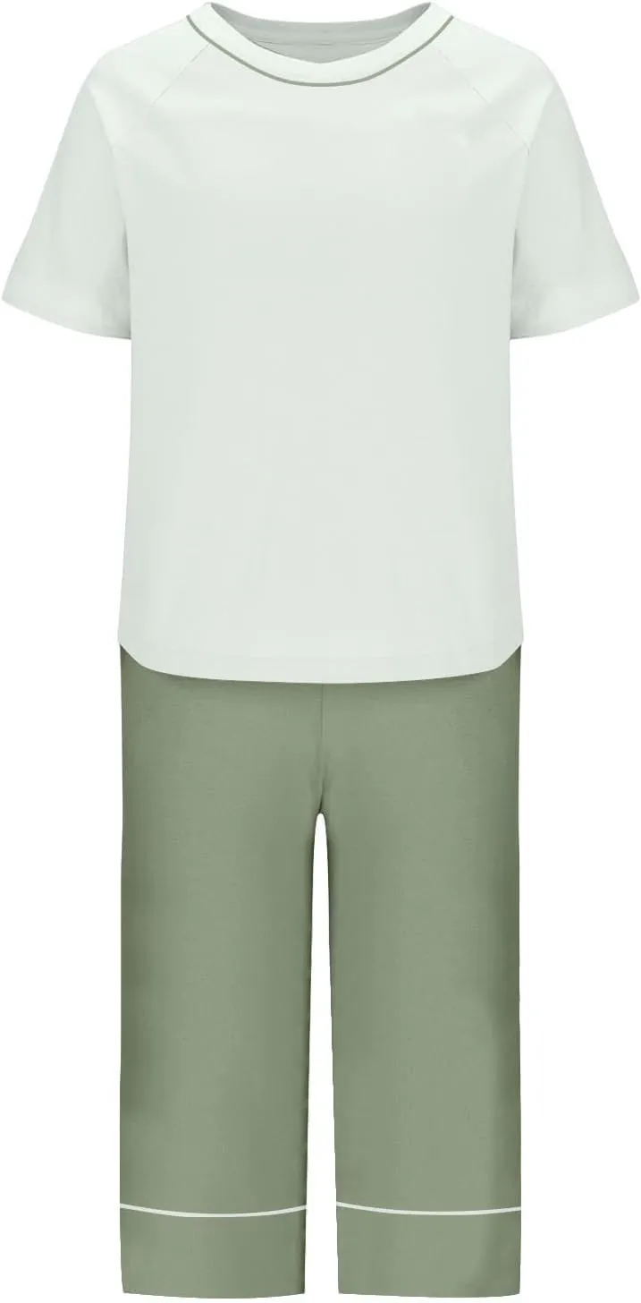 Cotton Pajama Sets for Women 2 Piece Soft Loungewear Built-in Bra Short Sleeve Crop Tops and Capri Pants Sleepwear